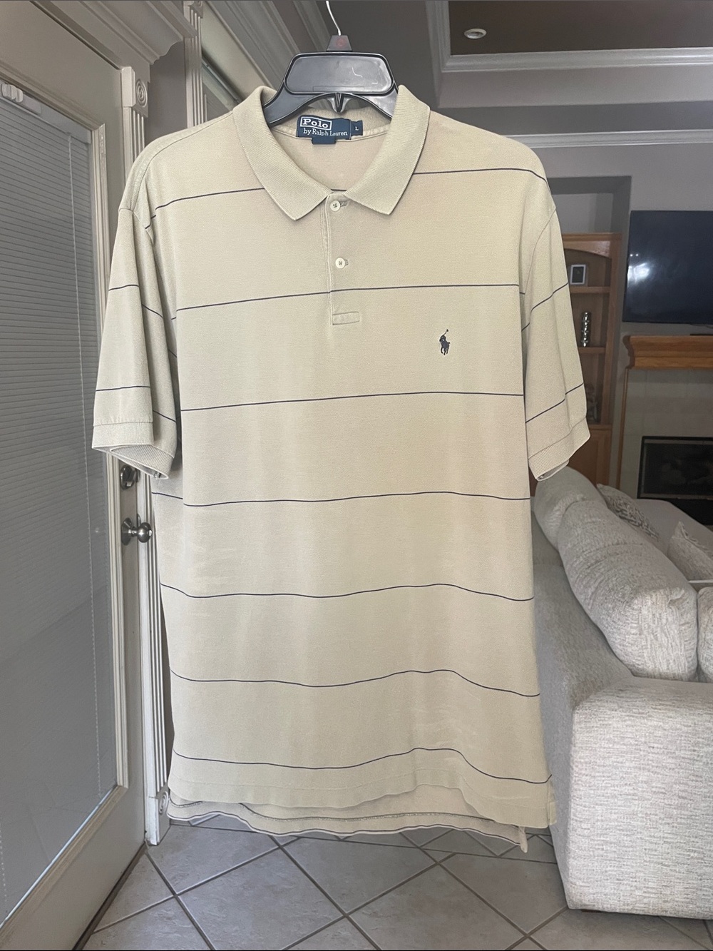 Polo Ralph Lauren Mens L Striped Olive Brown Short Sleeve Polo Shirt EUC